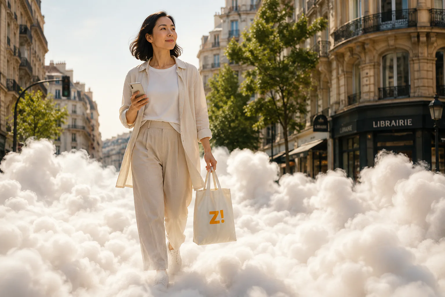 Una mujer camina por una calle europea cubierta de nubes con una bolsa de Zerca.