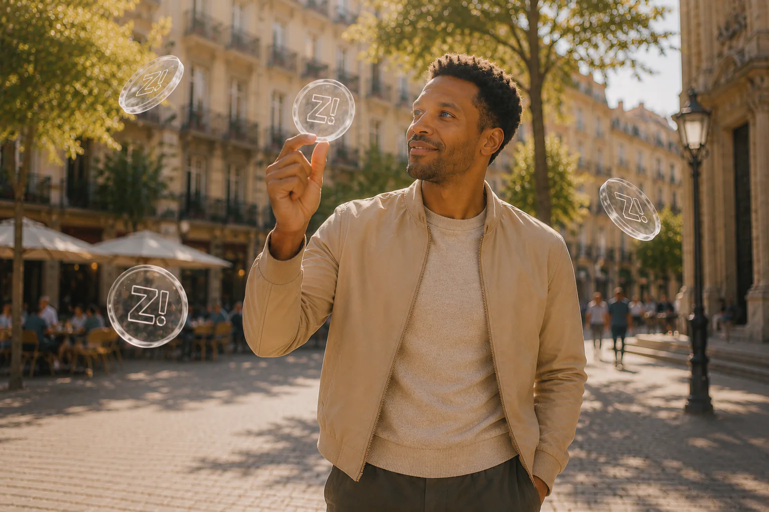 Una persona observa monedas transparentes de Zerca suspendidas a su alrededor.
